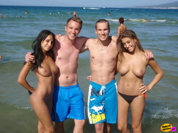 Two lucky dudes hang out with the hottest girls ever; Hot Public Sex 