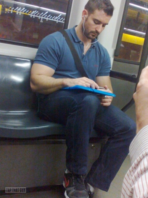 Clandestine subway photo.; Men 