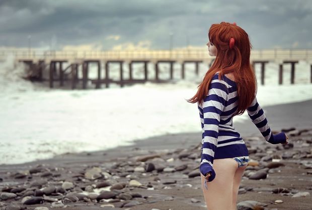 Beautiful red head on rocky beach; Babe Non Nude Red Head 