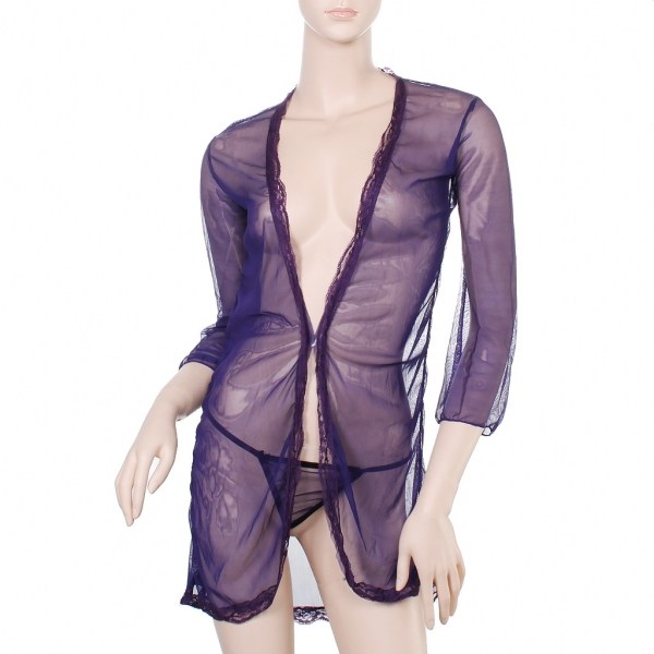 Cheap sale Sexy Lace Costume Lingerie Bathrobe Dress + G-String Set - Purple online; Toys 