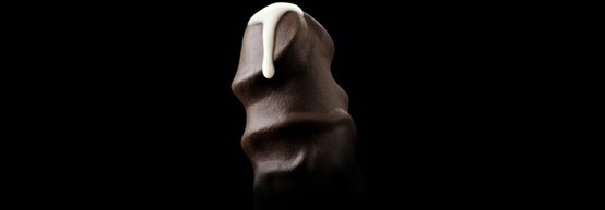 For starters, we offer you an exclusive creation,an orgasmic chocolate cock: A large truffle made with Ghanian cocoa filled with soft and perverse   fluids that can ooze over anything you like. The picture shows the fresh mint fondant filling with smooth fluid texture.; Men 